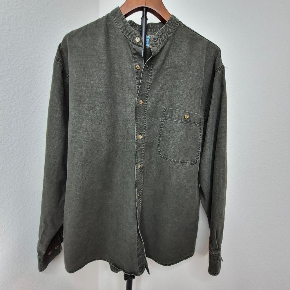 Vintage 90s Wear First Olive Green Linen Cotton Mandarin Collar Shirt Gorpcore L